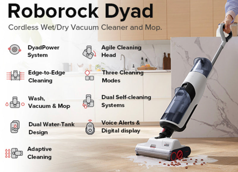 Roborock Dyad Cordless Wet Dry Vacuum with Dual Self-Cleaning Systems, Adaptive Cleaning, Voice Alerts, 180° Rotating Cleaning Head, Built for Wet and Dry Dirt - Remanufactured