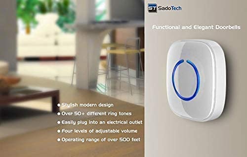 SadoTech Wireless Doorbell for Home - Battery Operated, 1000 Feet, Waterproof Door Bell w/LED Flash, 1 push button + 1 receiver, Waterproof White