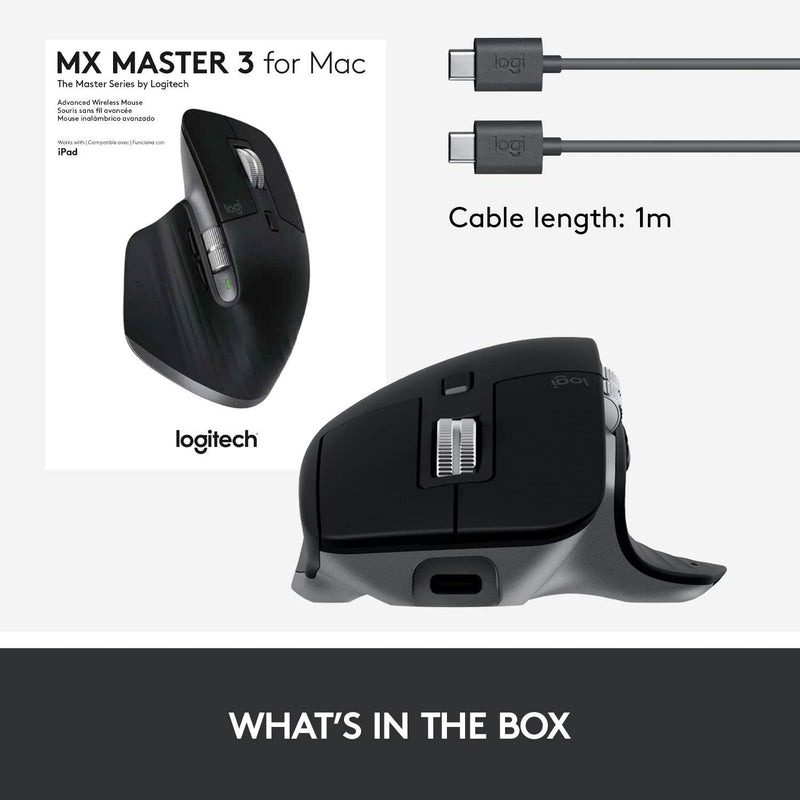 Logitech MX Master 3 – Advanced Wireless Mouse for Mac, Ultrafast Scrolling, Ergonomic Design, 4000 DPI, Customisation, USB-C, Bluetooth, MacBook Pro,Macbook Air,iMac, iPad Compatible - Space Grey - Remanufactured