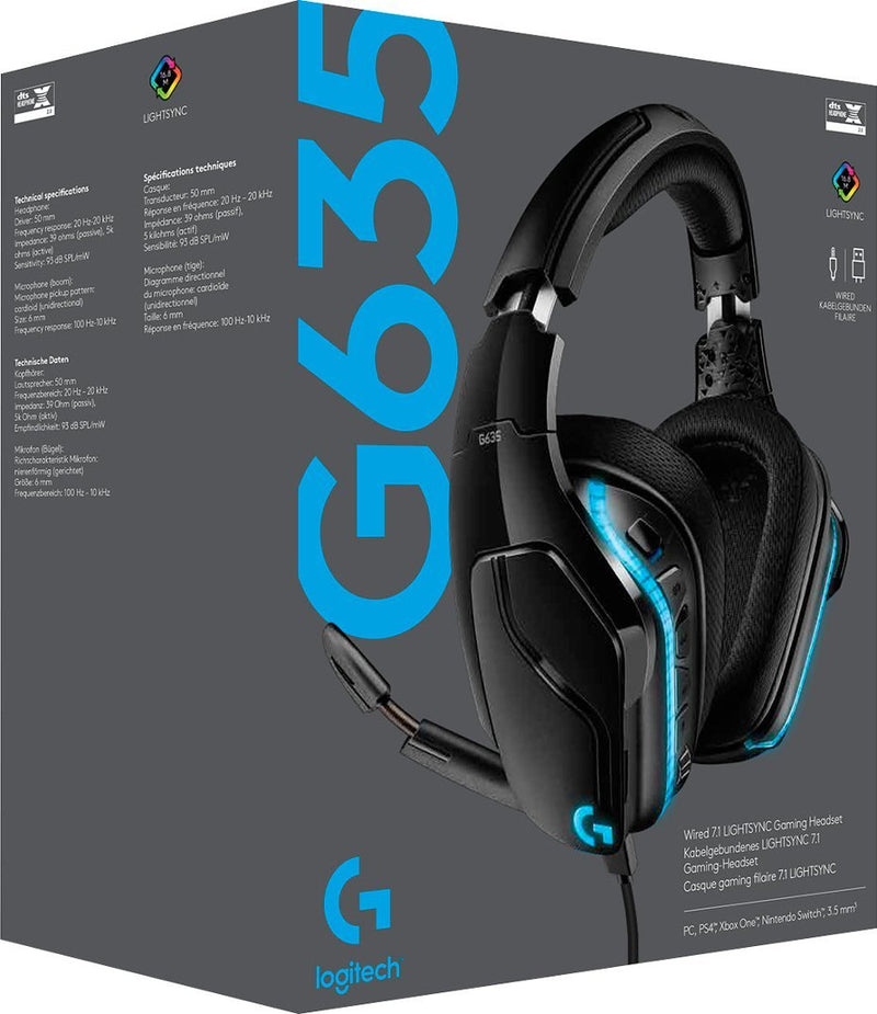 Logitech - G635 Wired 7.1 Surround Sound Over-the-Ear Gaming Headset for PC with LIGHTSYNC RGB Lighting - Black/Blue - Remanufactured