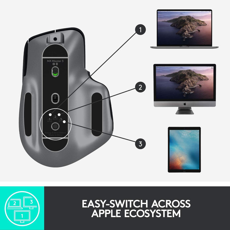 Logitech MX Master 3 – Advanced Wireless Mouse for Mac, Ultrafast Scrolling, Ergonomic Design, 4000 DPI, Customisation, USB-C, Bluetooth, MacBook Pro,Macbook Air,iMac, iPad Compatible - Space Grey - Remanufactured