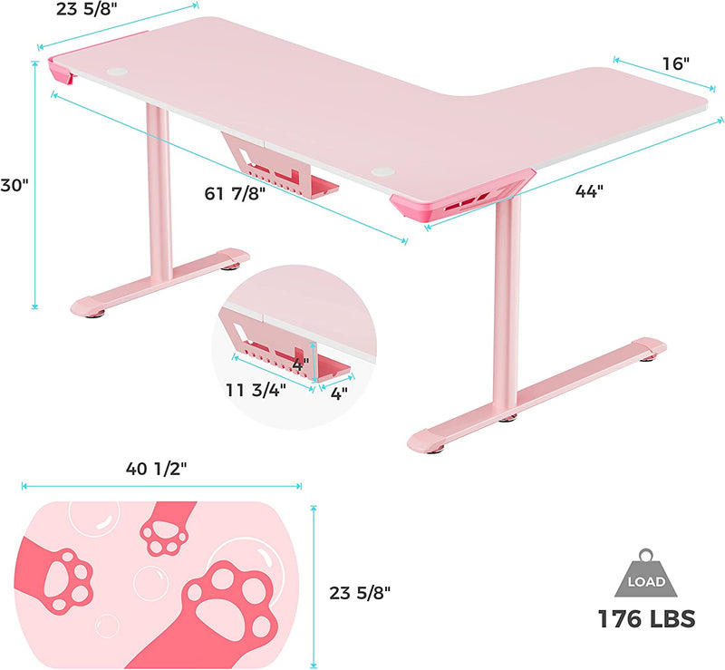 EUREKA ERGONOMIC Pink L Shaped Gaming Desk, 60 Inch Large Home Office Corner PC Computer Table Study Writing Modern Workstation Girls Female Gifts L60 w Mouse Pad Cable Management, Space Saving, Left