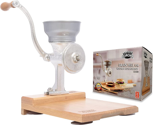 Corona Cast Iron Corn and Grain Mill with Wooden Table, Corn Grinder, Grain Mill, Manual Grinder with Table For Corn, Rice, Lentils, Chickpeas, Cast Iron Grinder For Domestic Use, Anti-Rust By Corona