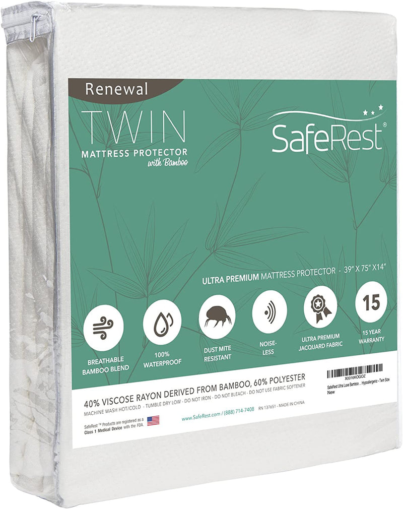 SafeRest Renewal Bamboo Derived Viscose Rayon Mattress Pad Protector Cover – Waterproof, Breathable and Vinyl Free - Twin Size