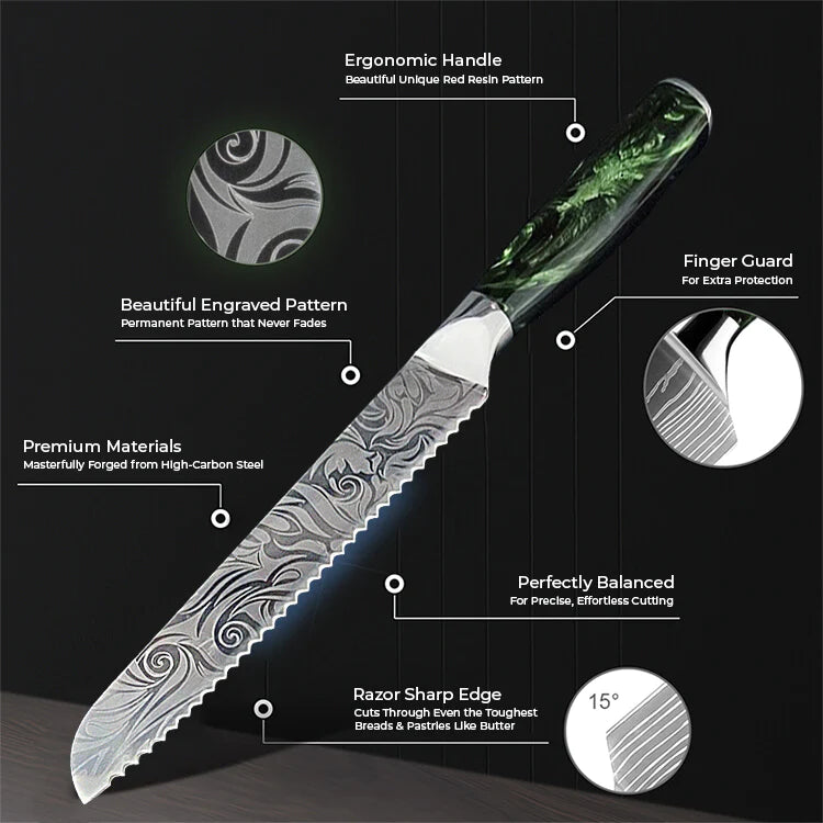 8" Bread Knife - Laser Damascus Pattern - Resin Handle